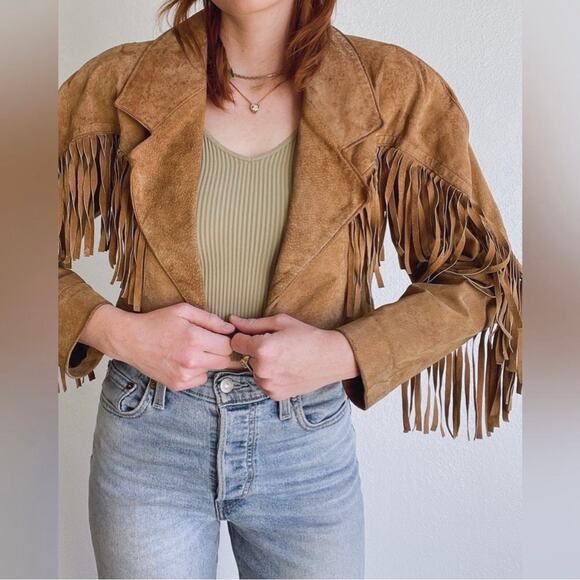 Vintage Jackets & Blazers - Vintage Brown Leather Jacket with Fringe Detail